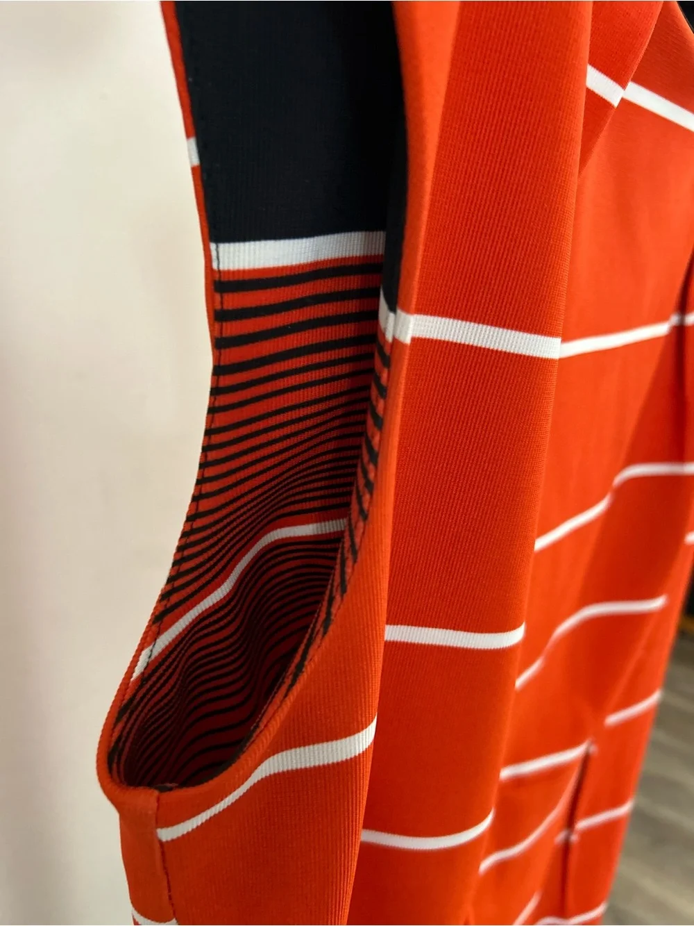 Sleeveless Red Striped Shift Dress with Contrast Hem